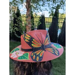 Orange Butterfly Fedora Art‎ Hand-Painted High-Quality Floral Hat from Mexico